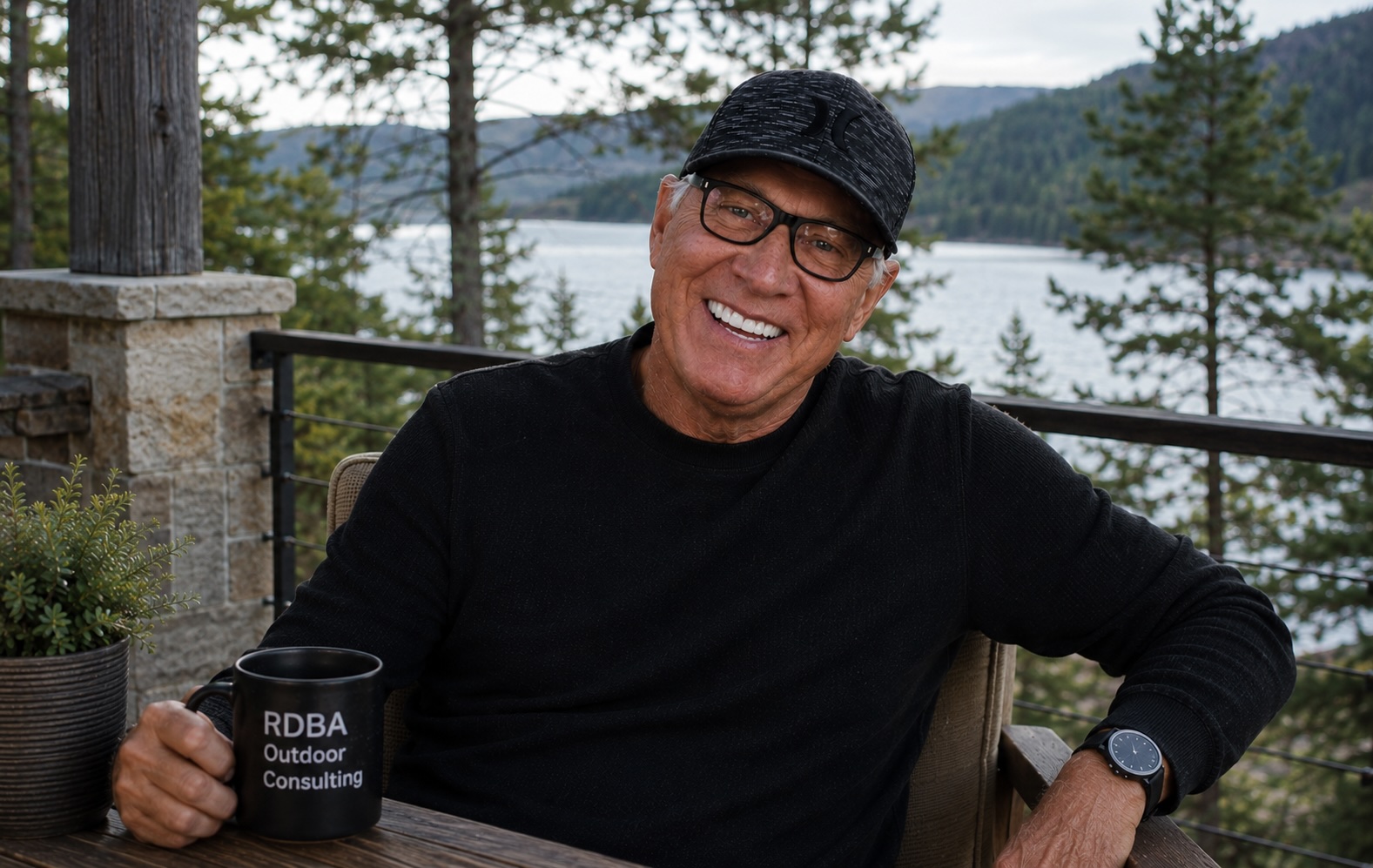 Ron D. Beard seated outdoors with mountains and a lake behind him