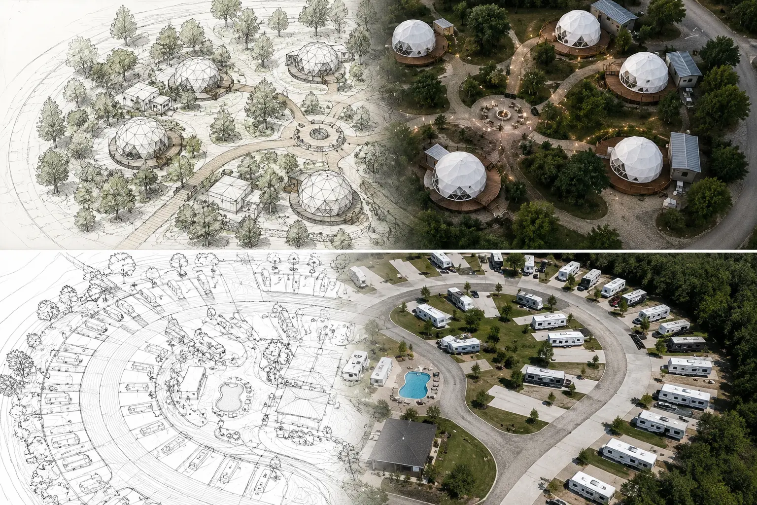 Split-view aerial render showing a geodesic glamping resort and a corresponding RV park site plan, from concept sketch to built reality