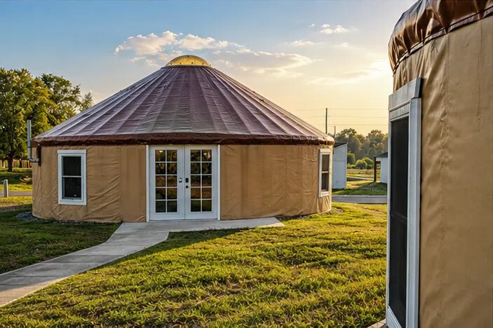 Yurt lodging units at a completed outdoor hospitality project