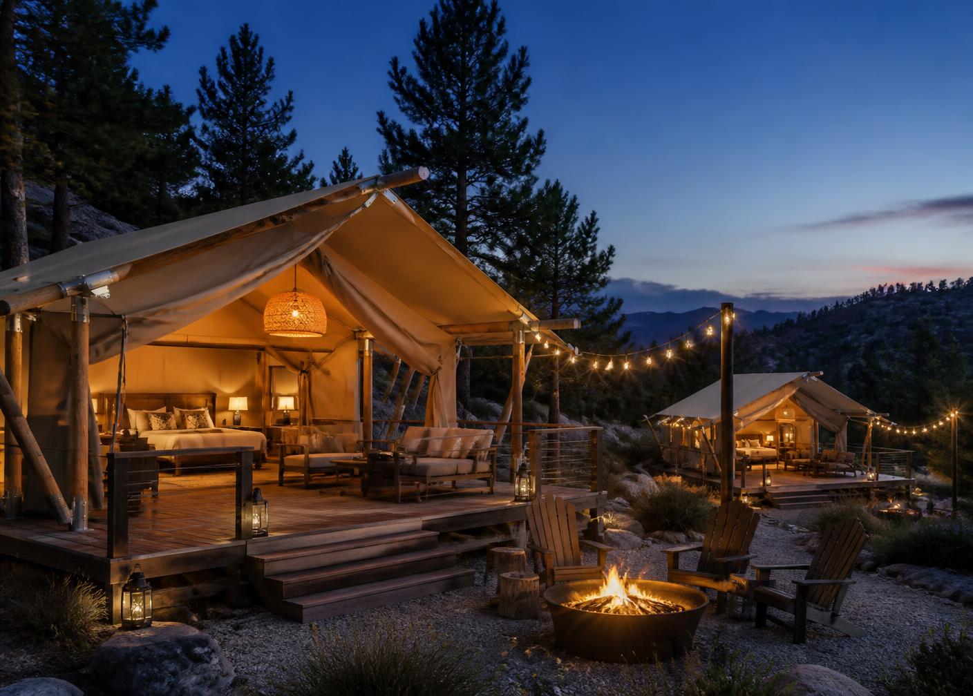 Luxury safari-style glamping tent on a wooden deck at an outdoor hospitality resort at dusk