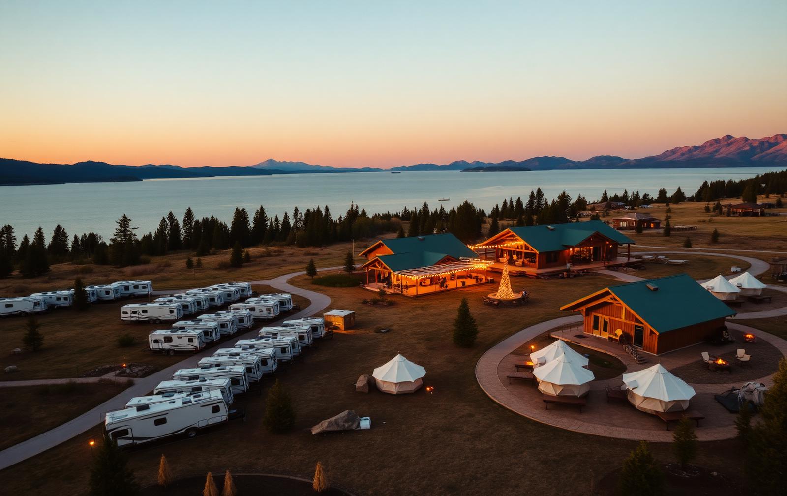 Aerial view of a lakefront glamping resort with safari tents among the trees